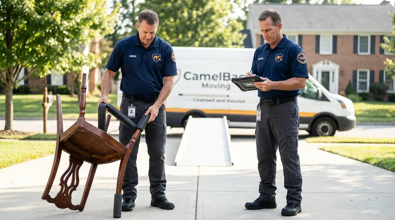 Movers inspecting furniture for damage prevention before loading in Nanticoke, PA