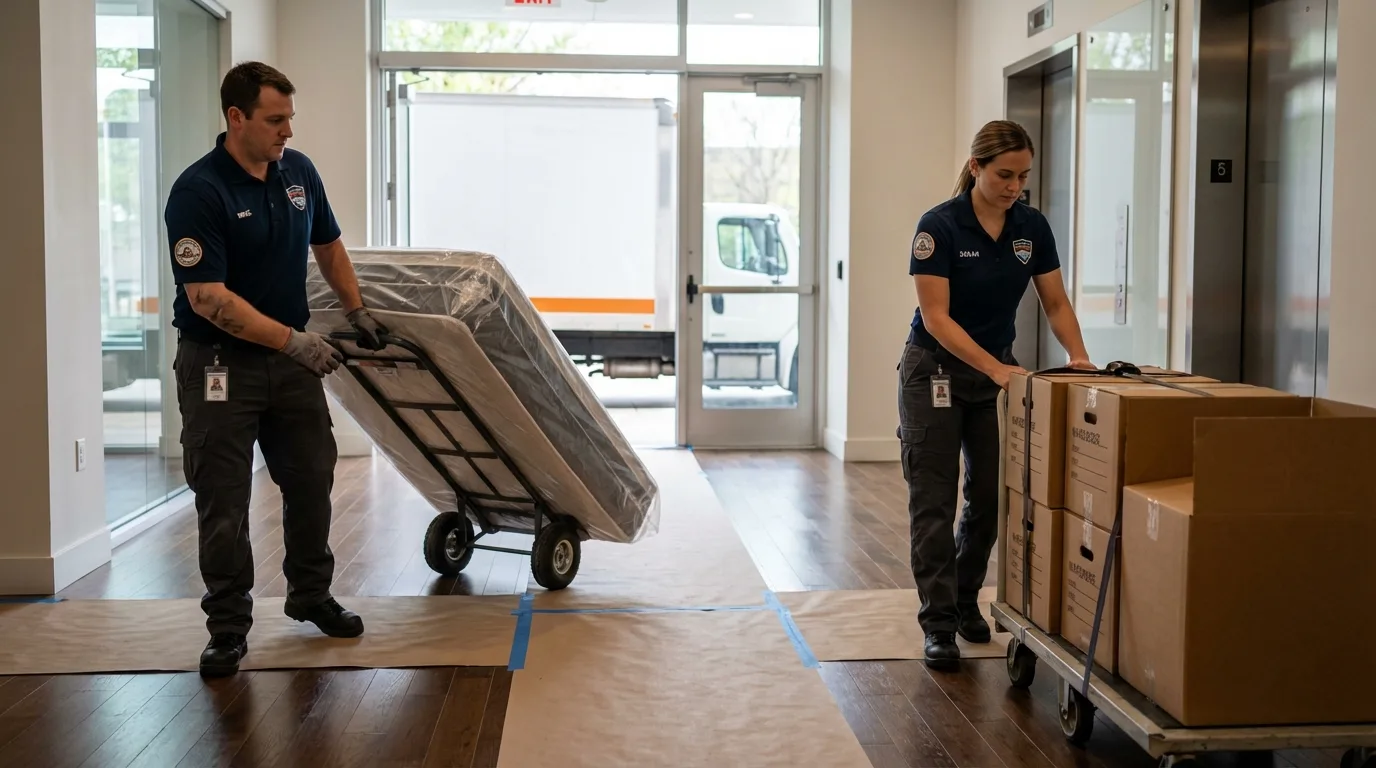 Professional apartment movers loading elevator in Nanticoke, PA
