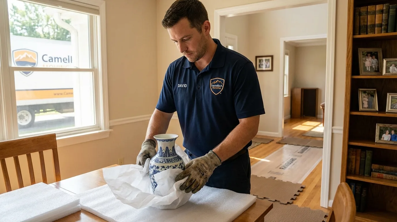 Professional crew carefully wrapping antique vase for senior downsizing move in Nanticoke, PA